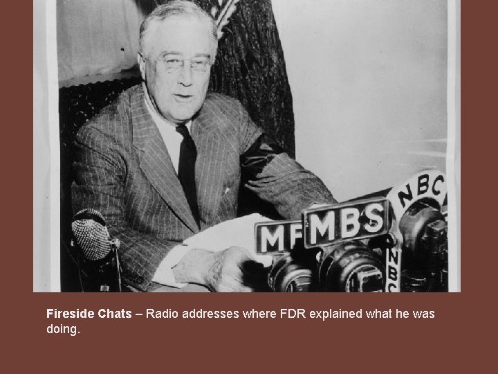 Fireside Chats – Radio addresses where FDR explained what he was doing. 