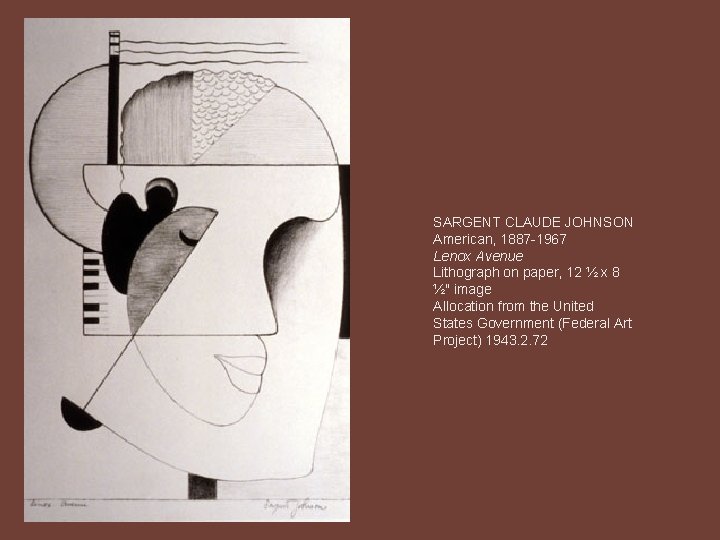 SARGENT CLAUDE JOHNSON American, 1887 -1967 Lenox Avenue Lithograph on paper, 12 ½ x