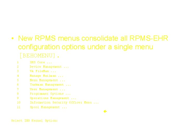 RPMS Menus • New RPMS menus consolidate all RPMS-EHR configuration options under a single RPMS Menus • New RPMS menus consolidate all RPMS-EHR configuration options under a single