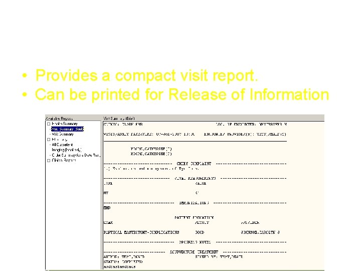 Visit Summary (Brief) Report • Provides a compact visit report. • Can be printed Visit Summary (Brief) Report • Provides a compact visit report. • Can be printed