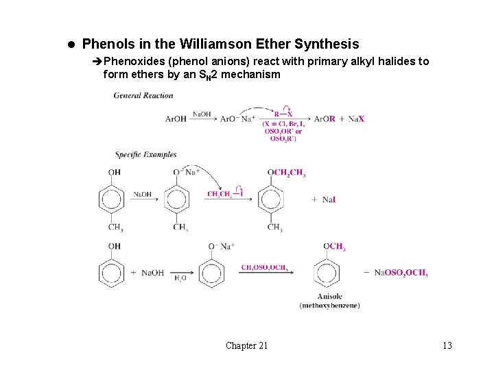 l Phenols in the Williamson Ether Synthesis èPhenoxides (phenol anions) react with primary alkyl l Phenols in the Williamson Ether Synthesis èPhenoxides (phenol anions) react with primary alkyl