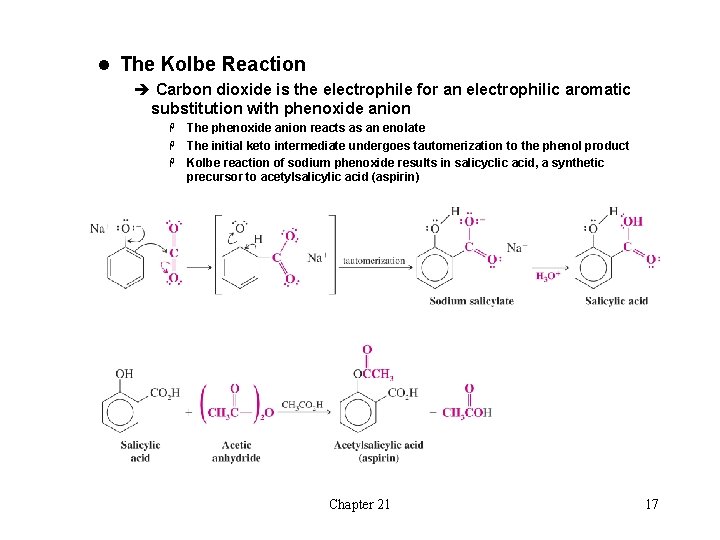 l The Kolbe Reaction è Carbon dioxide is the electrophile for an electrophilic aromatic l The Kolbe Reaction è Carbon dioxide is the electrophile for an electrophilic aromatic