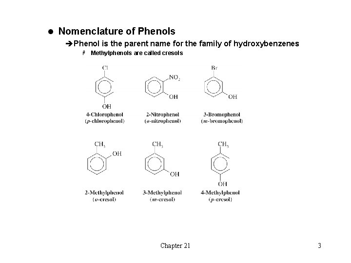 l Nomenclature of Phenols èPhenol is the parent name for the family of hydroxybenzenes l Nomenclature of Phenols èPhenol is the parent name for the family of hydroxybenzenes