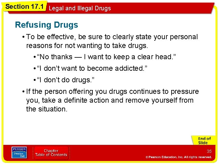 Section 17. 1 Legal and Illegal Drugs Refusing Drugs • To be effective, be