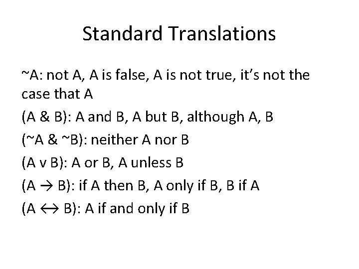 Standard Translations ~A: not A, A is false, A is not true, it’s not