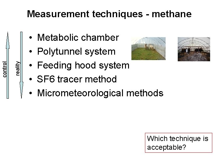 reality control Measurement techniques - methane • • • Metabolic chamber Polytunnel system Feeding