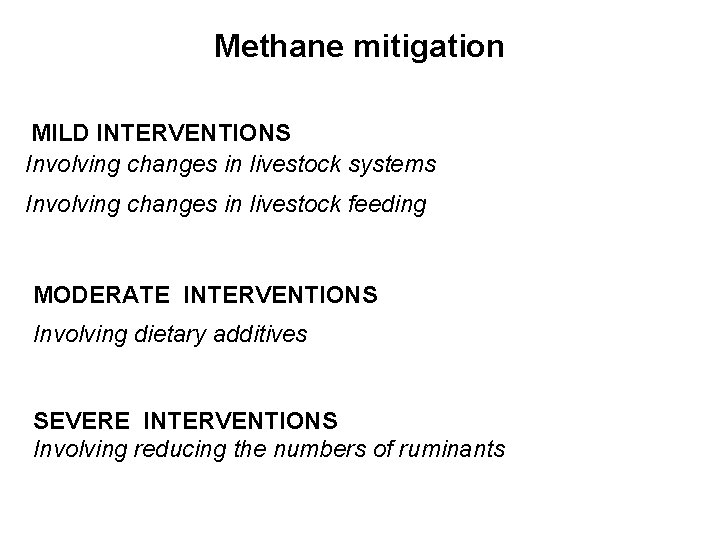Methane mitigation MILD INTERVENTIONS Involving changes in livestock systems Involving changes in livestock feeding