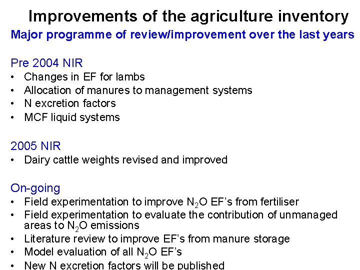 Improvements of the agriculture inventory Major programme of review/improvement over the last years Pre