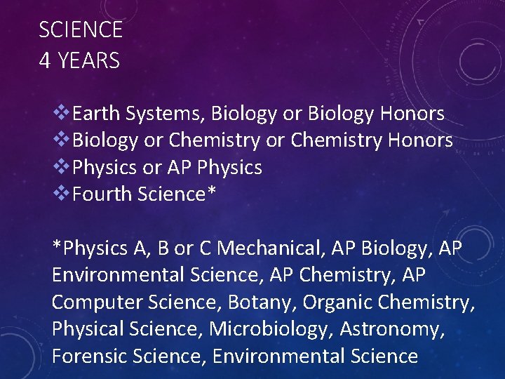 SCIENCE 4 YEARS v. Earth Systems, Biology or Biology Honors v. Biology or Chemistry