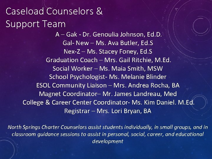 Caseload Counselors & Support Team A – Gak - Dr. Genoulia Johnson, Ed. D.