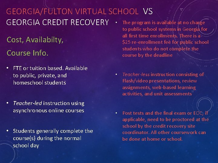 GEORGIA/FULTON VIRTUAL SCHOOL VS GEORGIA CREDIT RECOVERY • The program is available at no