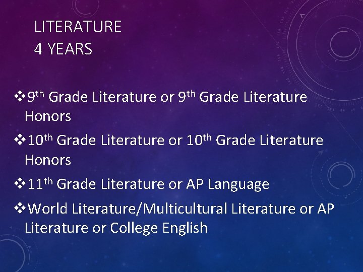 LITERATURE 4 YEARS v 9 th Grade Literature or 9 th Grade Literature Honors