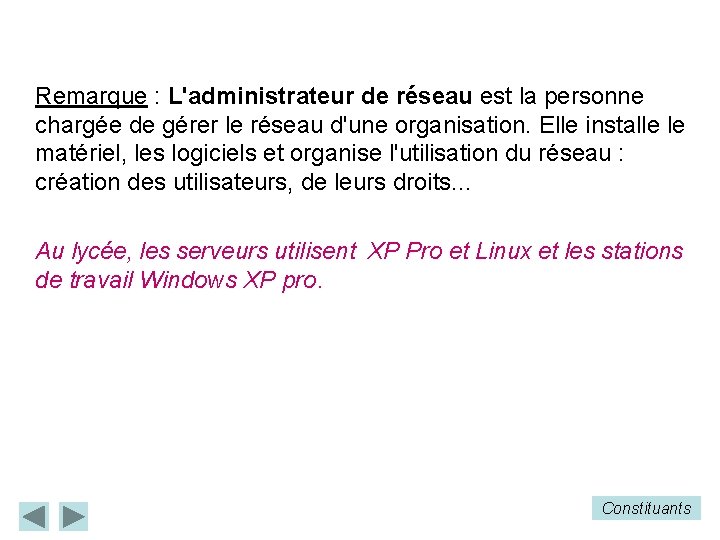 Remarque : L'administrateur de réseau est la personne chargée de gérer le réseau d'une