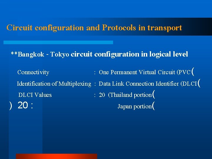 Circuit configuration and Protocols in transport **Bangkok - Tokyo circuit configuration in logical level