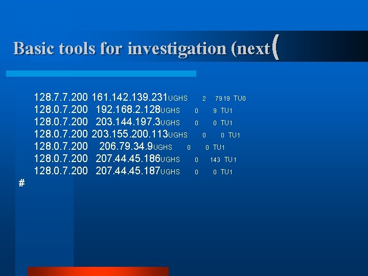 Basic tools for investigation (next( 128. 7. 7. 200 128. 0. 7. 200 #