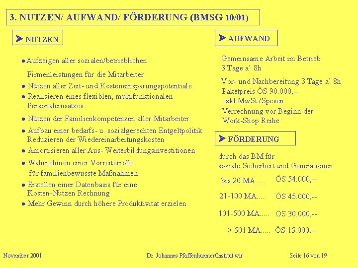 3. NUTZEN/ AUFWAND/ FÖRDERUNG (BMSG 10/01) AUFWAND NUTZEN Aufzeigen aller sozialen/betrieblichen Firmenleistungen für die