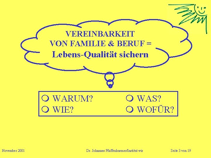 VEREINBARKEIT VON FAMILIE & BERUF = Lebens-Qualität sichern WARUM? WAS? WIE? WOFÜR? November 2001