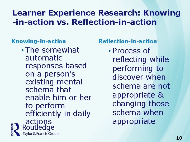 Learner Experience Research: Knowing -in-action vs. Reflection-in-action Knowing-in-action • The somewhat automatic responses based
