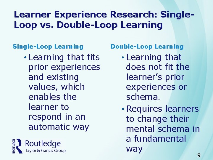 Learner Experience Research: Single. Loop vs. Double-Loop Learning Single-Loop Learning • Learning that fits