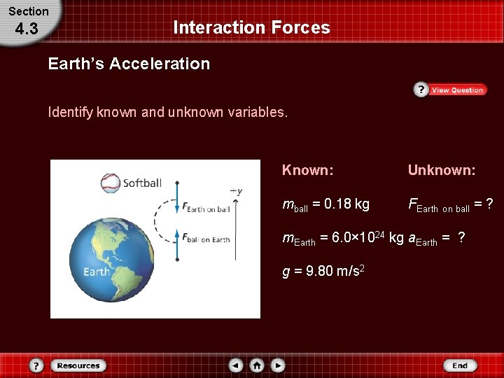 Section 4. 3 Interaction Forces Earth’s Acceleration Identify known and unknown variables. Known: Unknown: