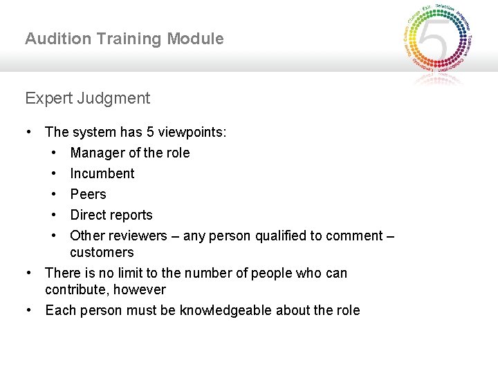 Audition Training Module Expert Judgment • The system has 5 viewpoints: • Manager of