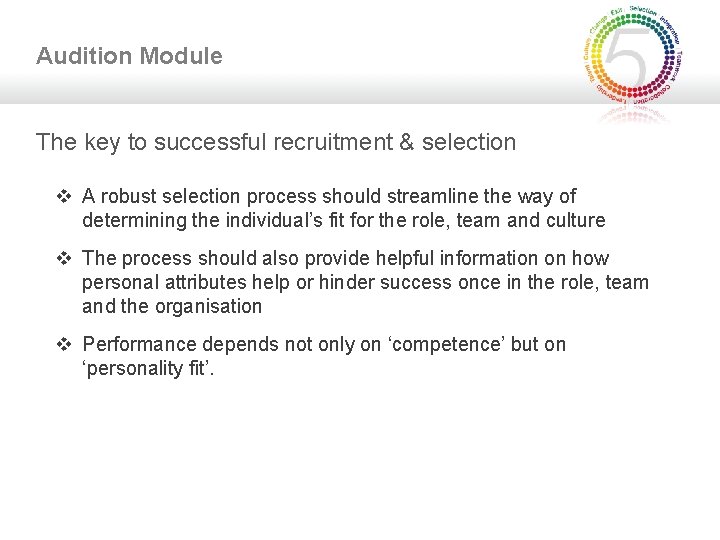 Audition Module The key to successful recruitment & selection v A robust selection process