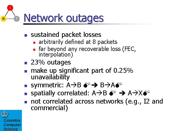 Network outages n sustained packet losses n n n n arbitrarily defined at 8