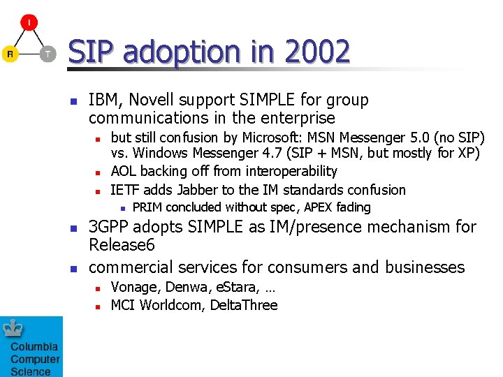 SIP adoption in 2002 n IBM, Novell support SIMPLE for group communications in the