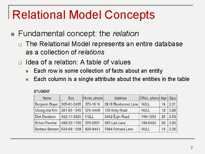 Relational Model Concepts n Fundamental concept: the relation q q The Relational Model represents