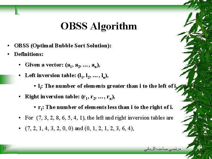 OBSS Algorithm • OBSS (Optimal Bubble Sort Solution): • Definitions: • Given a vector: