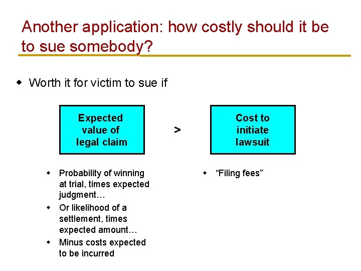 Another application: how costly should it be to sue somebody? w Worth it for