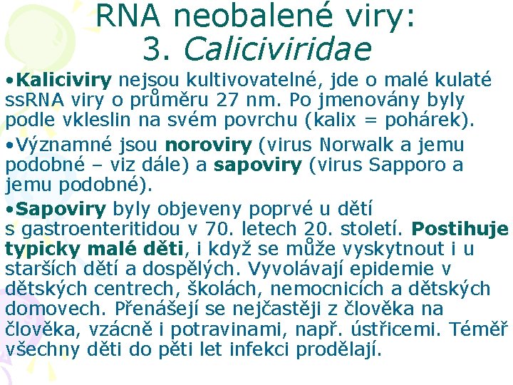 RNA neobalené viry: 3. Caliciviridae • Kaliciviry nejsou kultivovatelné, jde o malé kulaté ss.