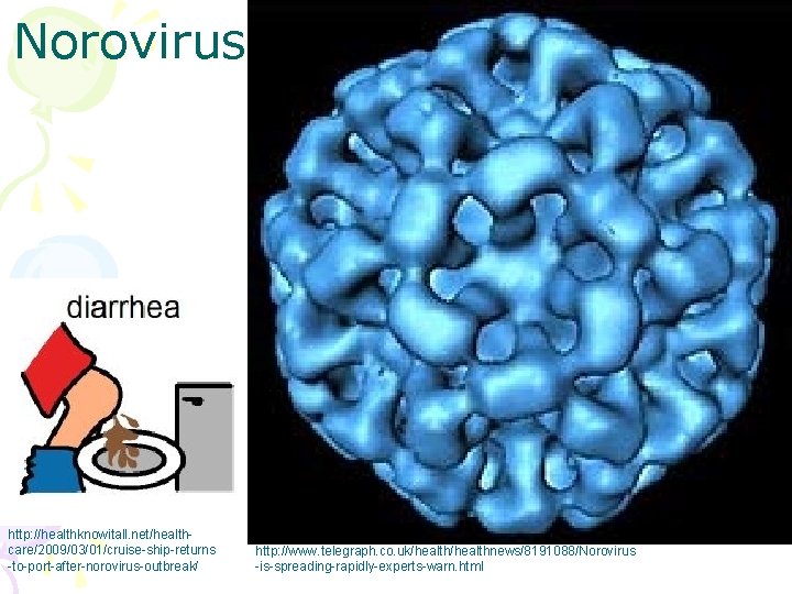 Norovirus http: //healthknowitall. net/healthcare/2009/03/01/cruise-ship-returns -to-port-after-norovirus-outbreak/ http: //www. telegraph. co. uk/healthnews/8191088/Norovirus -is-spreading-rapidly-experts-warn. html 