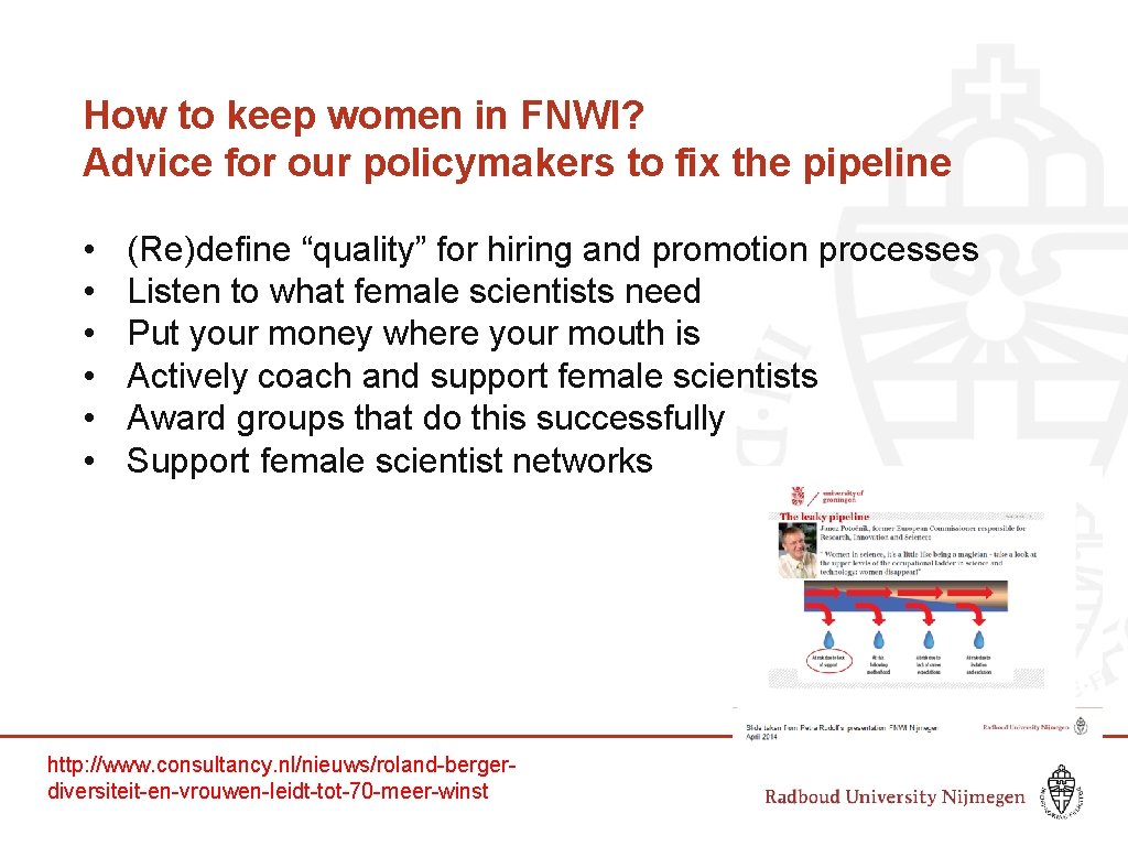 How to keep women in FNWI? Advice for our policymakers to fix the pipeline