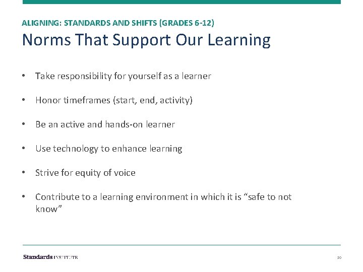 ALIGNING: STANDARDS AND SHIFTS (GRADES 6 -12) Norms That Support Our Learning • Take