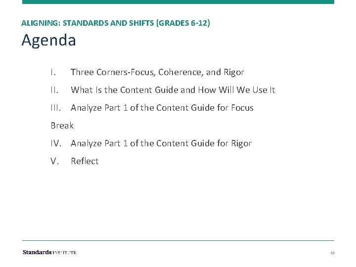 ALIGNING: STANDARDS AND SHIFTS (GRADES 6 -12) Agenda I. Three Corners-Focus, Coherence, and Rigor