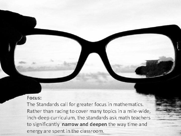 Focus: The Standards call for greater focus in mathematics. Rather than racing to cover