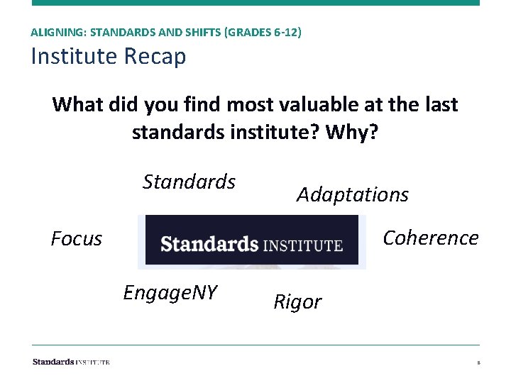 ALIGNING: STANDARDS AND SHIFTS (GRADES 6 -12) Institute Recap What did you find most