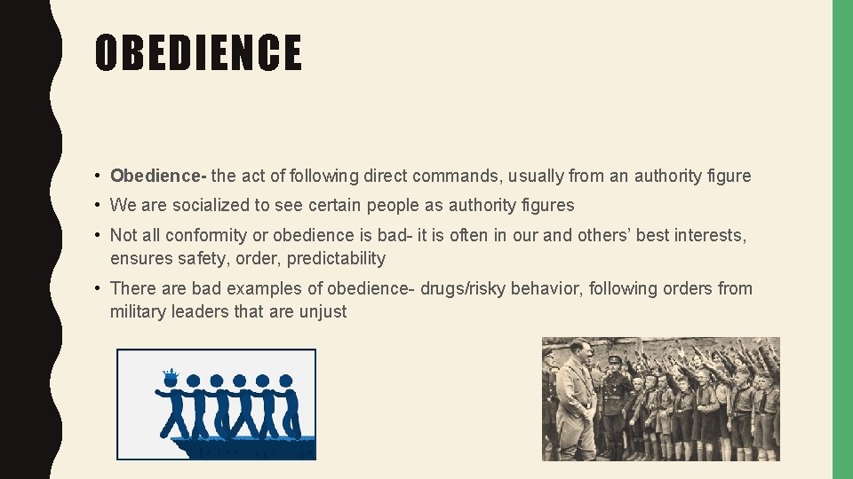 OBEDIENCE • Obedience- the act of following direct commands, usually from an authority figure