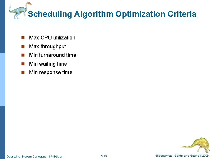 Scheduling Algorithm Optimization Criteria Max CPU utilization Max throughput Min turnaround time Min waiting