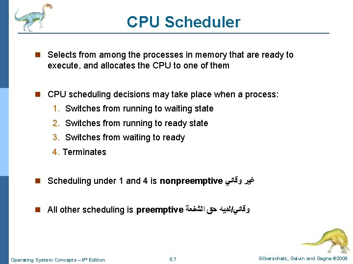 CPU Scheduler Selects from among the processes in memory that are ready to execute,