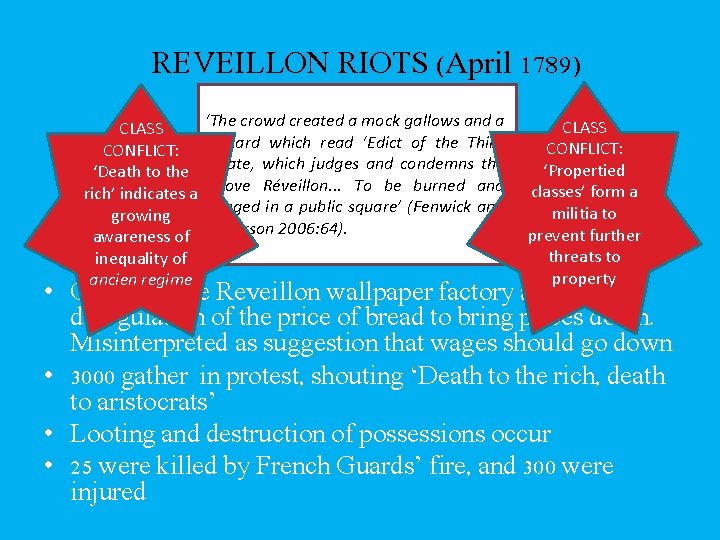 REVEILLON RIOTS (April 1789) CLASS CONFLICT: ‘Death to the rich’ indicates a growing awareness