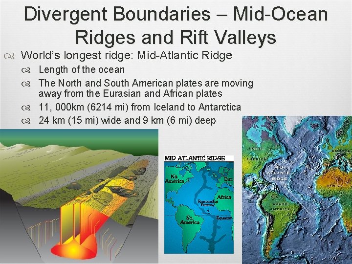 Divergent Boundaries – Mid-Ocean Ridges and Rift Valleys World’s longest ridge: Mid-Atlantic Ridge Length
