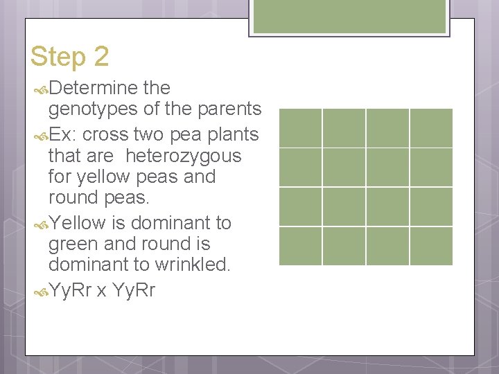 Step 2 Determine the genotypes of the parents Ex: cross two pea plants that