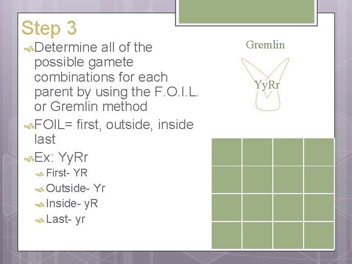 Step 3 Determine all of the possible gamete combinations for each parent by using