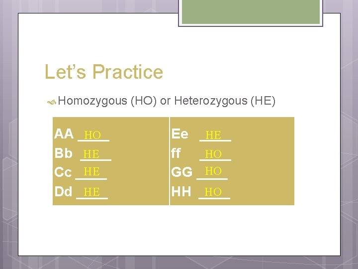 Let’s Practice Homozygous AA ____ HO Bb ____ HE HE Cc ____ HE Dd