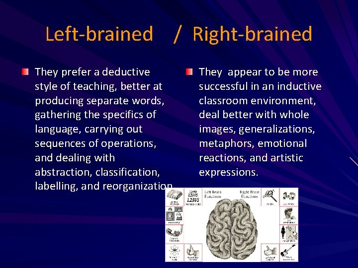 Left-brained / Right-brained They prefer a deductive style of teaching, better at producing separate Left-brained / Right-brained They prefer a deductive style of teaching, better at producing separate