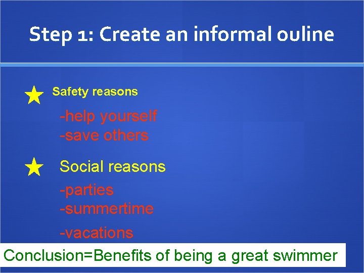 Step 1: Create an informal ouline Safety reasons -help yourself -save others Social reasons