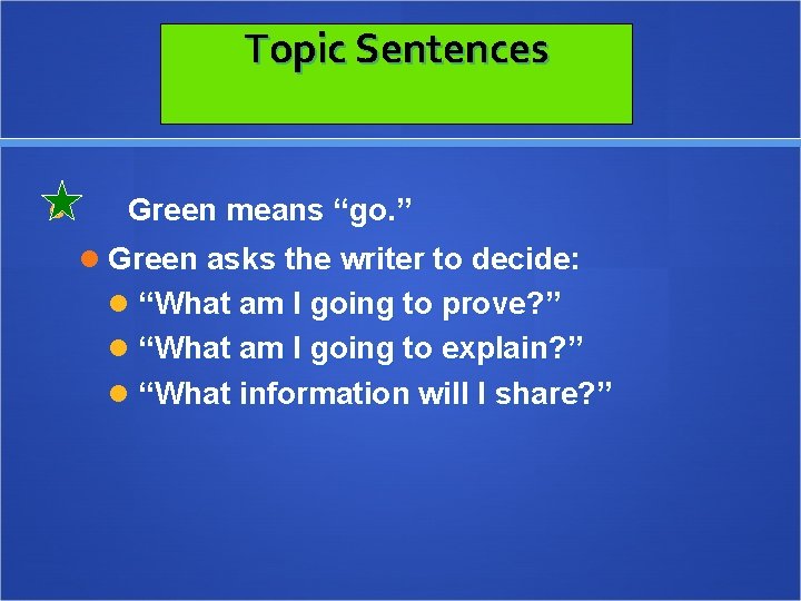 Topic Sentences Green means “go. ” Green asks the writer to decide: “What am