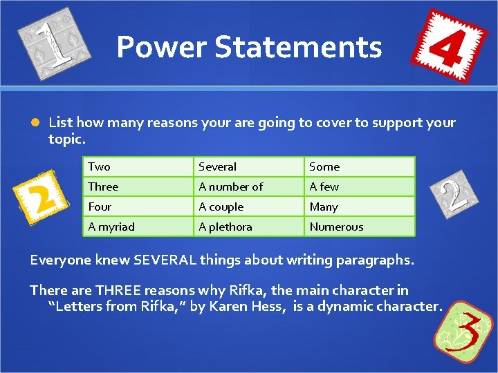 Power Statements List how many reasons your are going to cover to support your